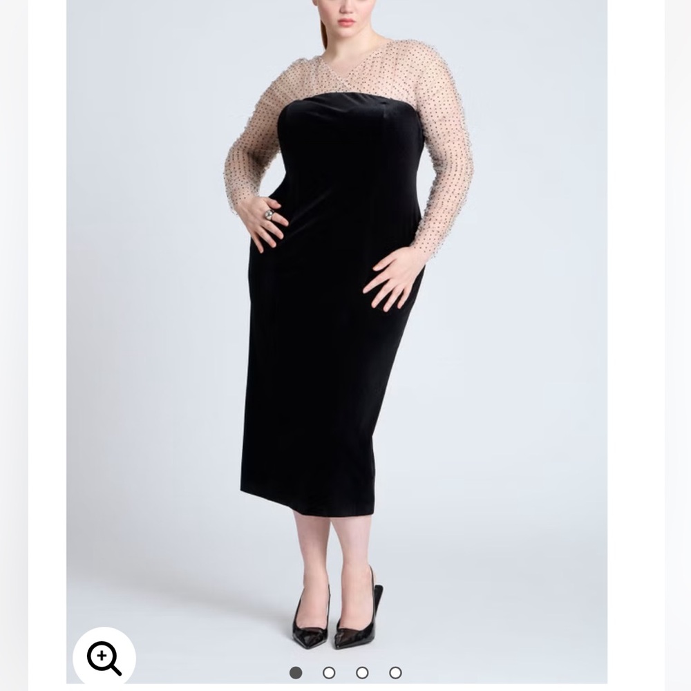 ELOQUII Velvet Midi Dress With Polka Dot Sleeve